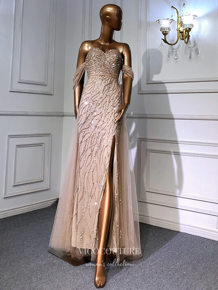 Vintage Beaded Prom Dresses with Slit Overskirt Formal Dresses 22079-Prom Dresses-vigocouture-Mocha-US2-vigocouture