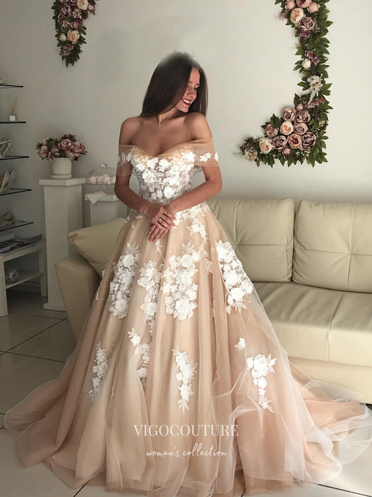 vigocouture-3D Flower Lace Applique Wedding Dresses Off the Shoulder Wedding Gown W0040-Wedding Dresses-vigocouture-As Pictured-US2-