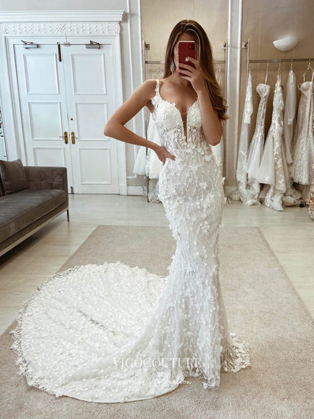3D Flower Mermaid Wedding Dresses Plunging V-Neck Bridal Dresses W0029 Custom Colors / 24W