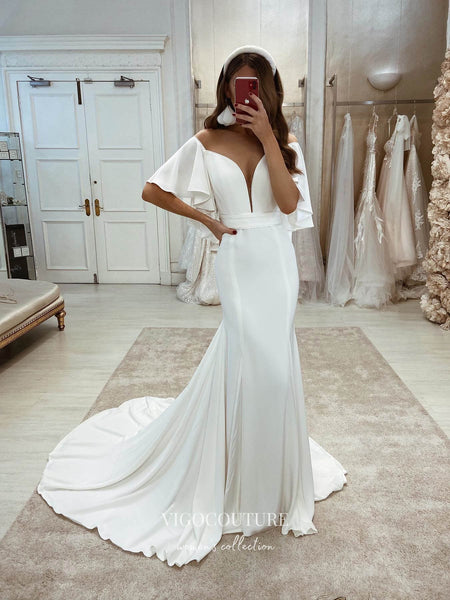 Batwing Sleeve Satin Wedding Dresses Plunging V-Neck Bridal Dresses W0 – vigocouture