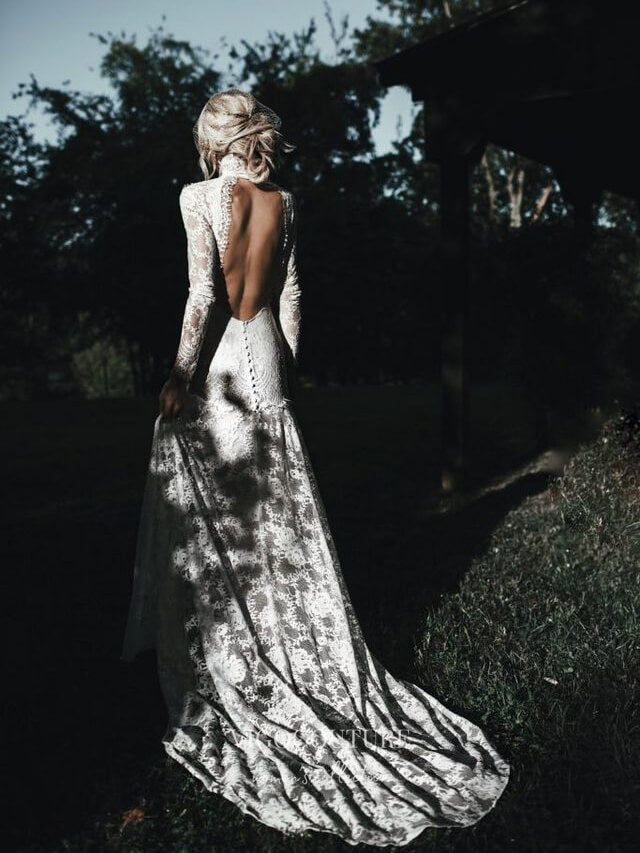 Boho Lace Mermaid Wedding Dresses with Long Sleeves, High Neck & Open – vigocouture