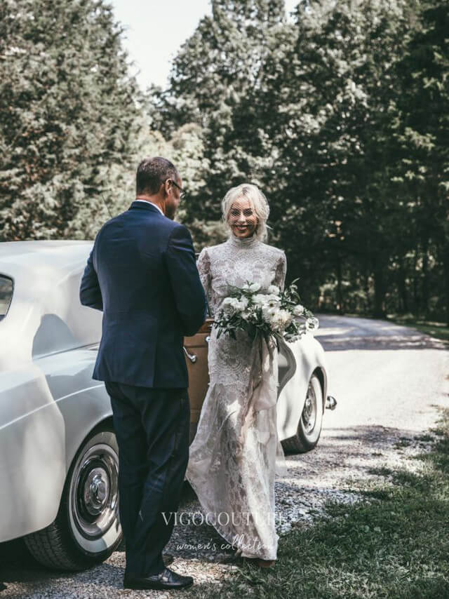 High Neck Boho Long Sleeves Lace Wedding Dress with Open Back TN307 US16 / Custom Color High Neck Boho Long Sleeves Lace Wedding Dress with Open Back TN307 US16 / Custom Color