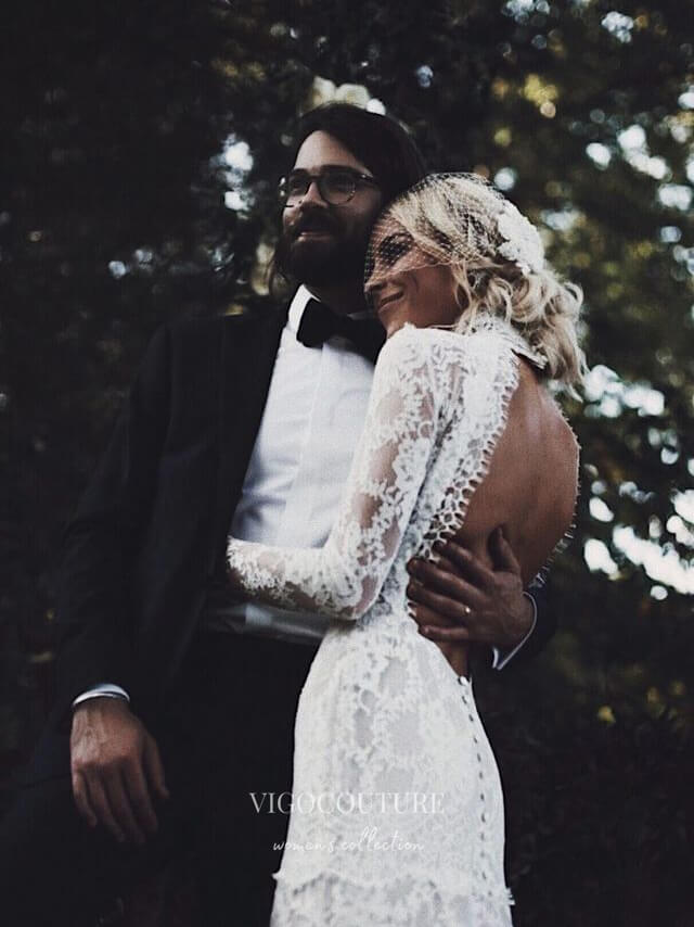 Boho Lace Mermaid Wedding Dresses with Long Sleeves, High Neck & Open – vigocouture