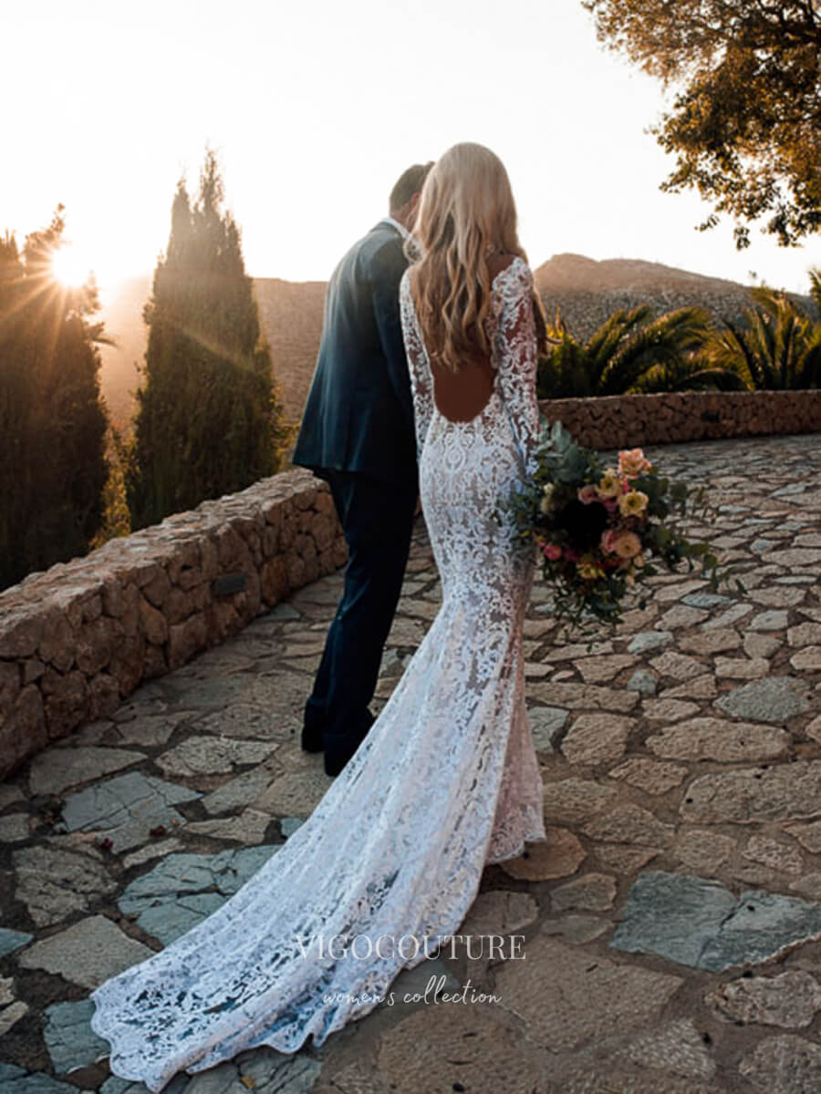 Boho Lace Mermaid Wedding Dresses with Long Sleeves, V-Neck & Open Back - W0018 Ivory / 16W Boho Lace Mermaid Wedding Dresses with Long Sleeves, V-Neck & Open Back - W0018 Ivory / 16W