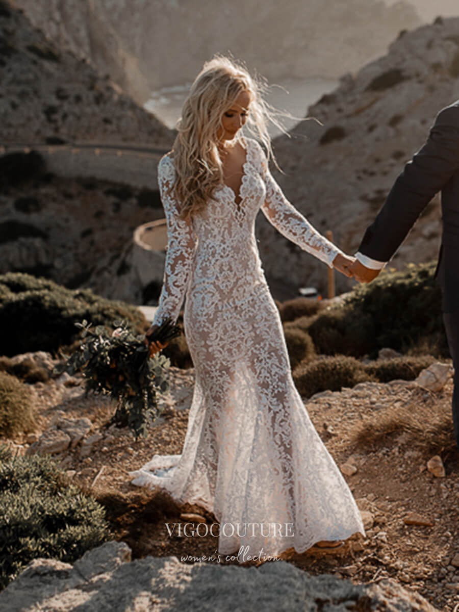 Boho Lace Mermaid Wedding Dresses with Long Sleeves, V-Neck & Open Back - W0018 Ivory / 16W Boho Lace Mermaid Wedding Dresses with Long Sleeves, V-Neck & Open Back - W0018 Ivory / 16W