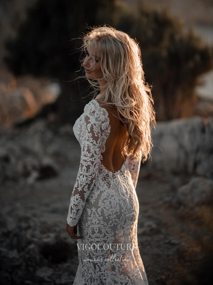 Boho Lace Mermaid Wedding Dresses with Long Sleeves, V-Neck & Open Back - W0018 Ivory / 16W Boho Lace Mermaid Wedding Dresses with Long Sleeves, V-Neck & Open Back - W0018 Ivory / 16W