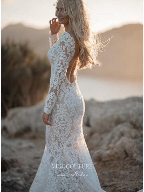 knee length dresses for ladies Boho Lace Mermaid Wedding Dresses with Long Sleeves, V-Neck & Open Back knee length dresses for ladies Boho Lace Mermaid Wedding Dresses with Long Sleeves, V-Neck & Open Back