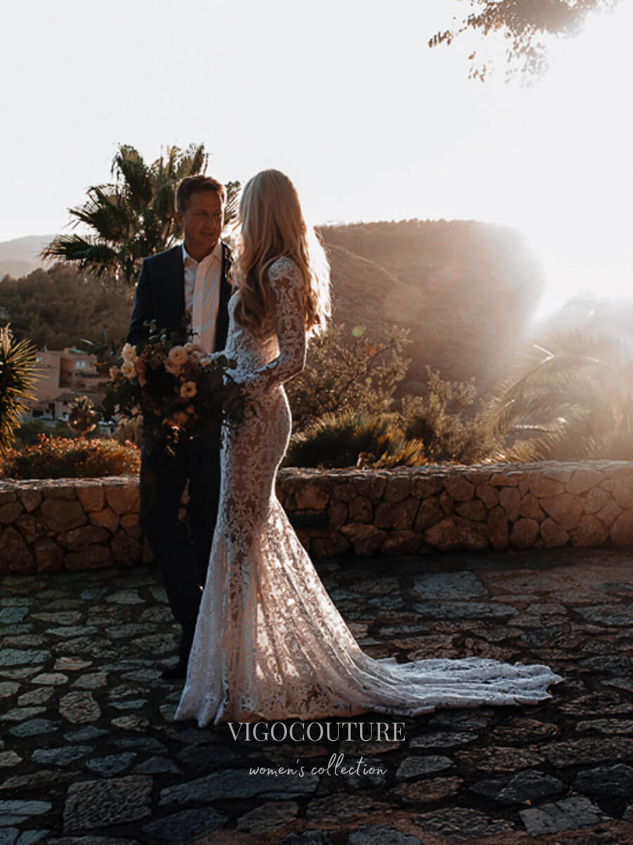 Boho Lace Mermaid Wedding Dresses with Long Sleeves, V-Neck & Open Back - W0018 Ivory / 16W Boho Lace Mermaid Wedding Dresses with Long Sleeves, V-Neck & Open Back - W0018 Ivory / 16W