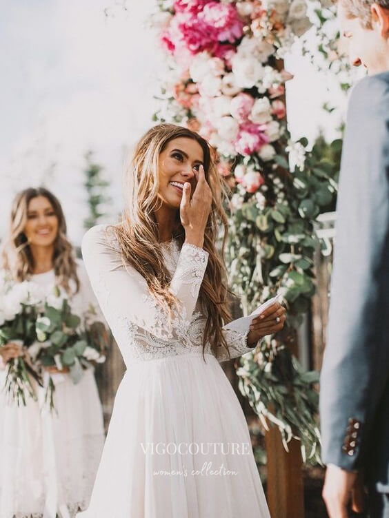 long sleeve country dresses 3/4 Sleeves Lace Top Long Chiffon Beach Wedding Dresses Ivory Country Bridal Dress AWD1264