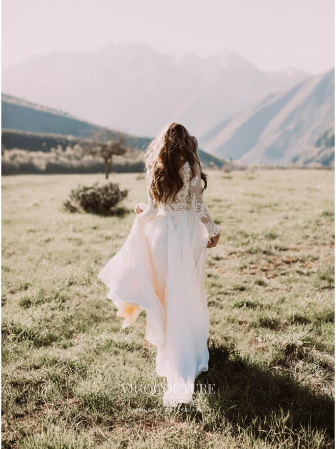 Boho Rustic Wedding Dress: Long-Sleeve Country Elegance W0017 Custom Colors / 16 Boho Rustic Wedding Dress: Long-Sleeve Country Elegance W0017 Custom Colors / 16