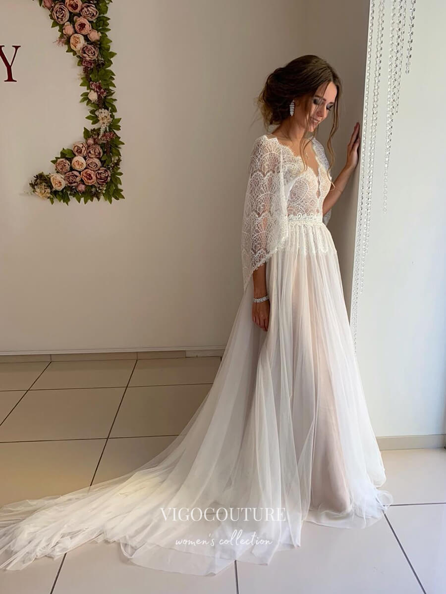 vigocouture-Cape Sleeve Lace Applique Wedding Dresses A-Line Bridal Dresses W0051-Wedding Dresses-vigocouture-As Pictured-US2-