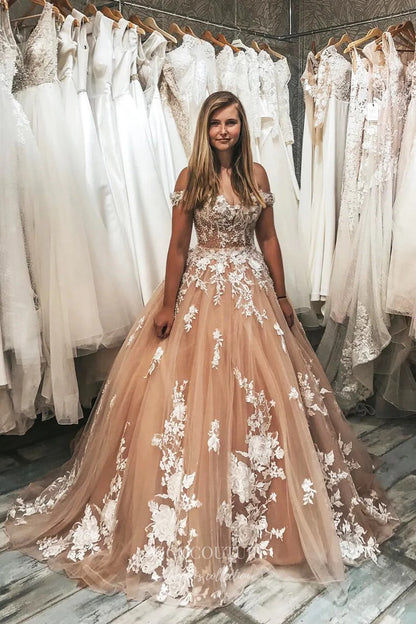 champagne wedding dresses Champagne Lace Applique Wedding Dresses Cathedral Train Bridal Gown W0093 Custom Colors / 22W