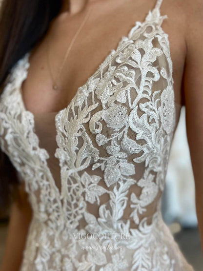 Ivory Lace Applique Wedding Dresses Spaghetti Strap Bridal Gown W0094-Wedding Dresses-vigocouture-Ivory-US2-vigocouture