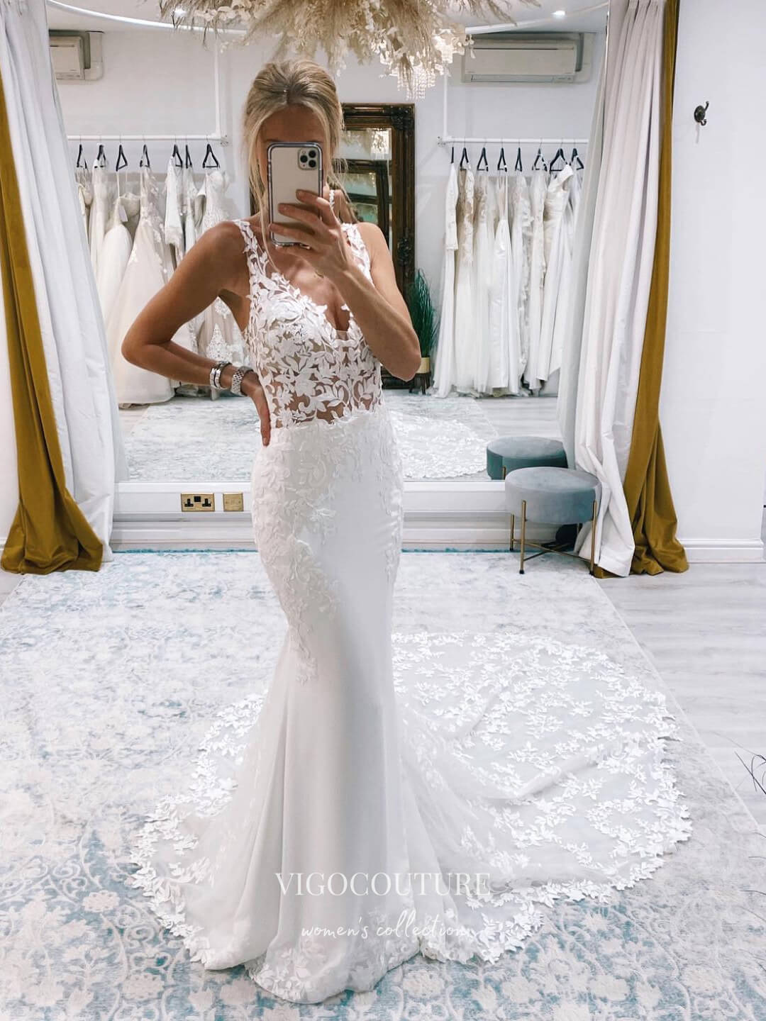 vigocouture-Lace Applique Mermaid Wedding Dresses V-Neck Bridal Dresses W0080-Wedding Dresses-vigocouture-