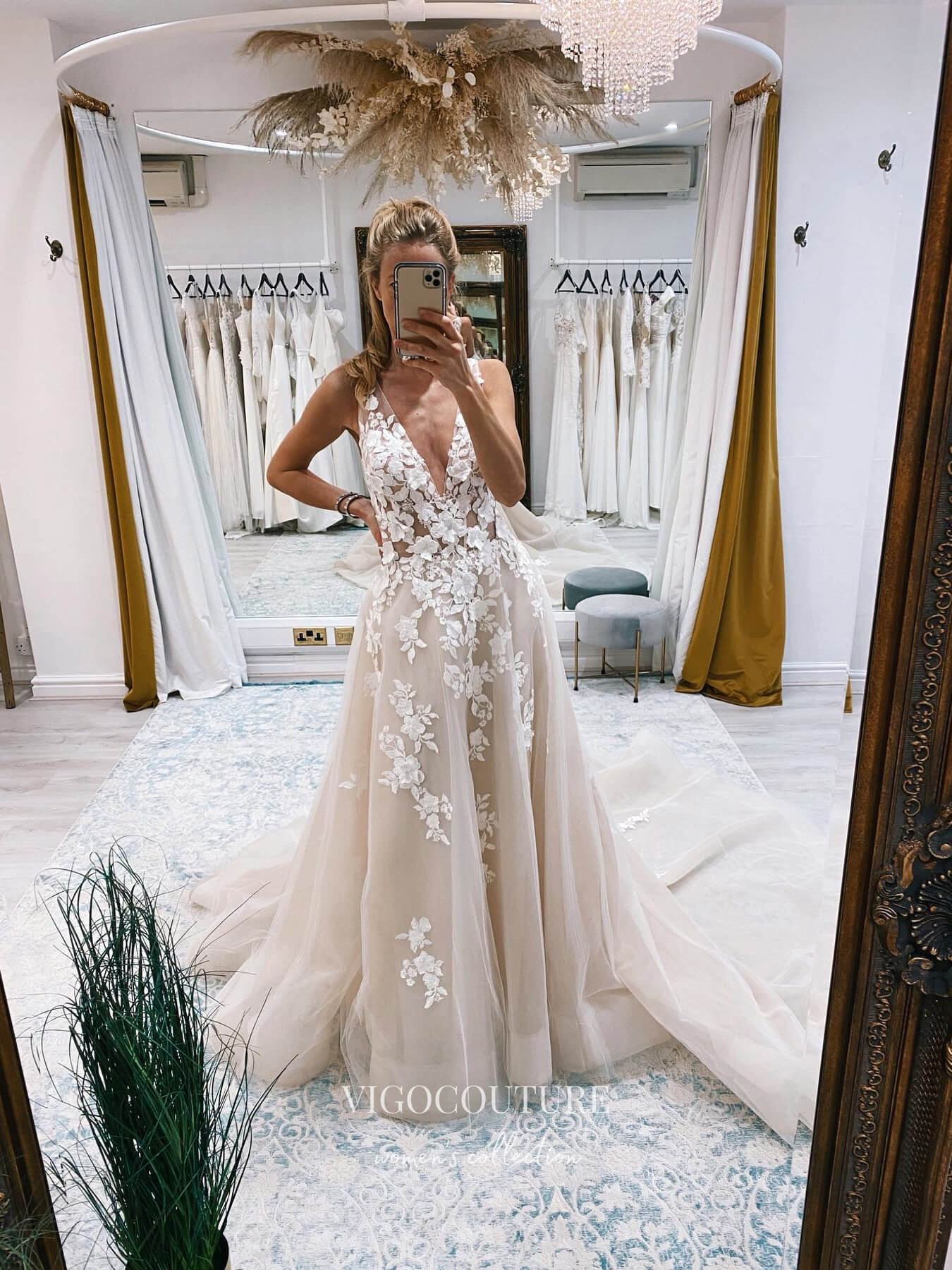 Lace Applique Plunging V-Neck Wedding Dresses A-Line Bridal Dresses W0 vigocouture Lace Applique Plunging V-Neck Wedding Dresses A-Line Bridal Dresses W0 vigocouture
