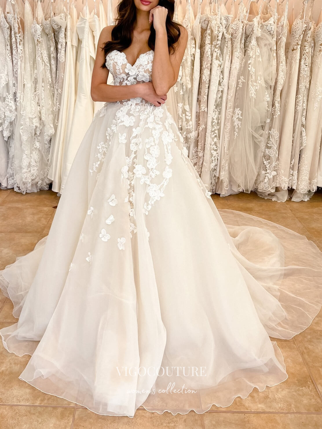 Lace Applique Spaghetti Strap Wedding Dresses A-Line Bridal Dresses W0084 As Pictured / US4 Lace Applique Spaghetti Strap Wedding Dresses A-Line Bridal Dresses W0084 As Pictured / US4