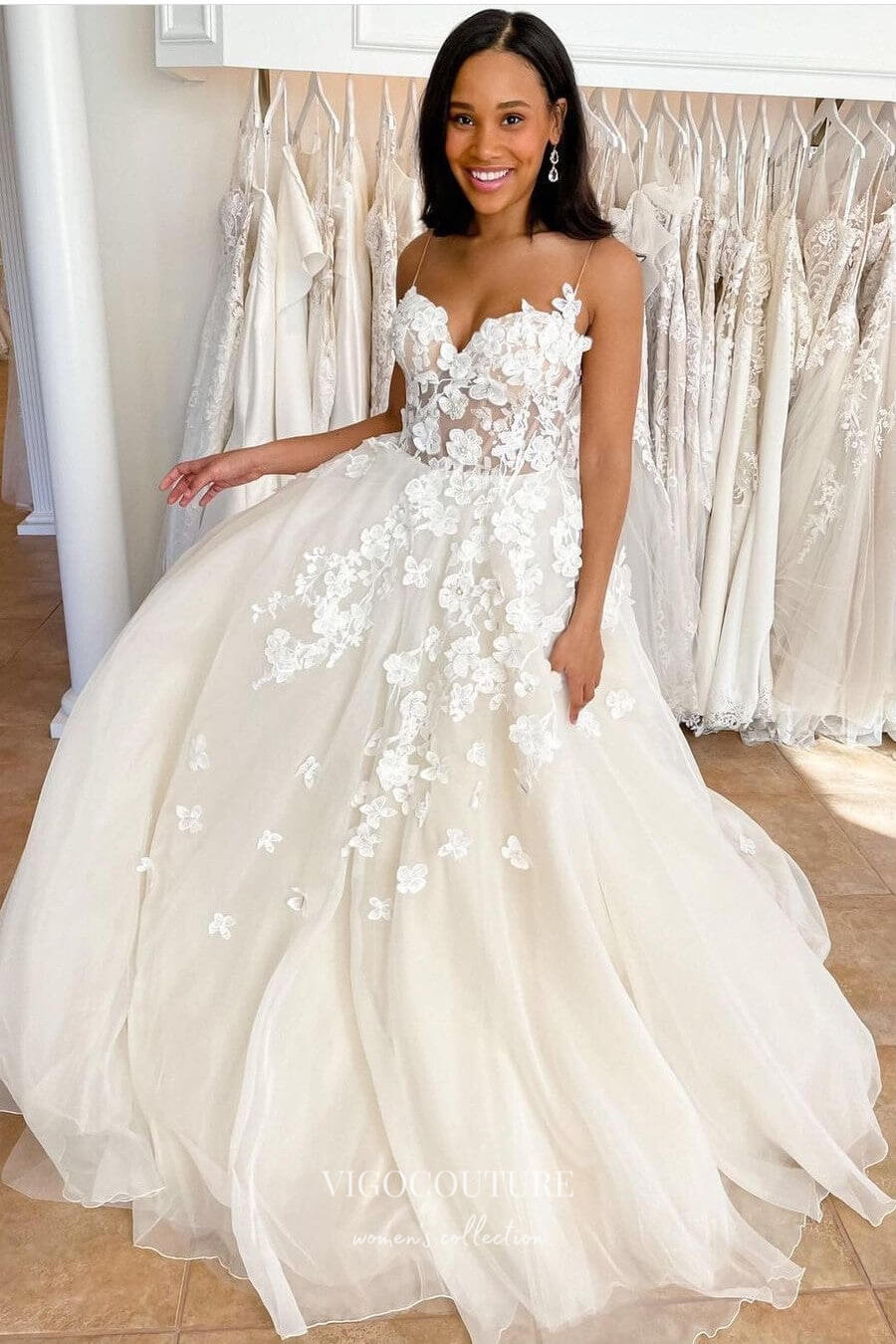 vigocouture-Lace Applique Spaghetti Strap Wedding Dresses A-Line Bridal Dresses W0084-Wedding Dresses-vigocouture-