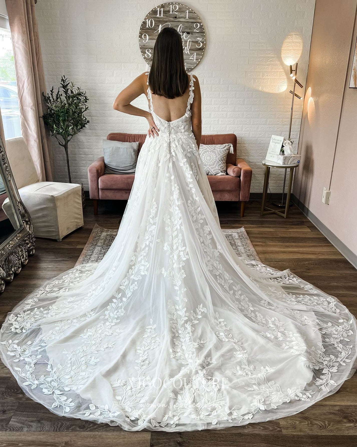 Plunging V-Neck Applique Chapel Train Wedding Dress Champagne
