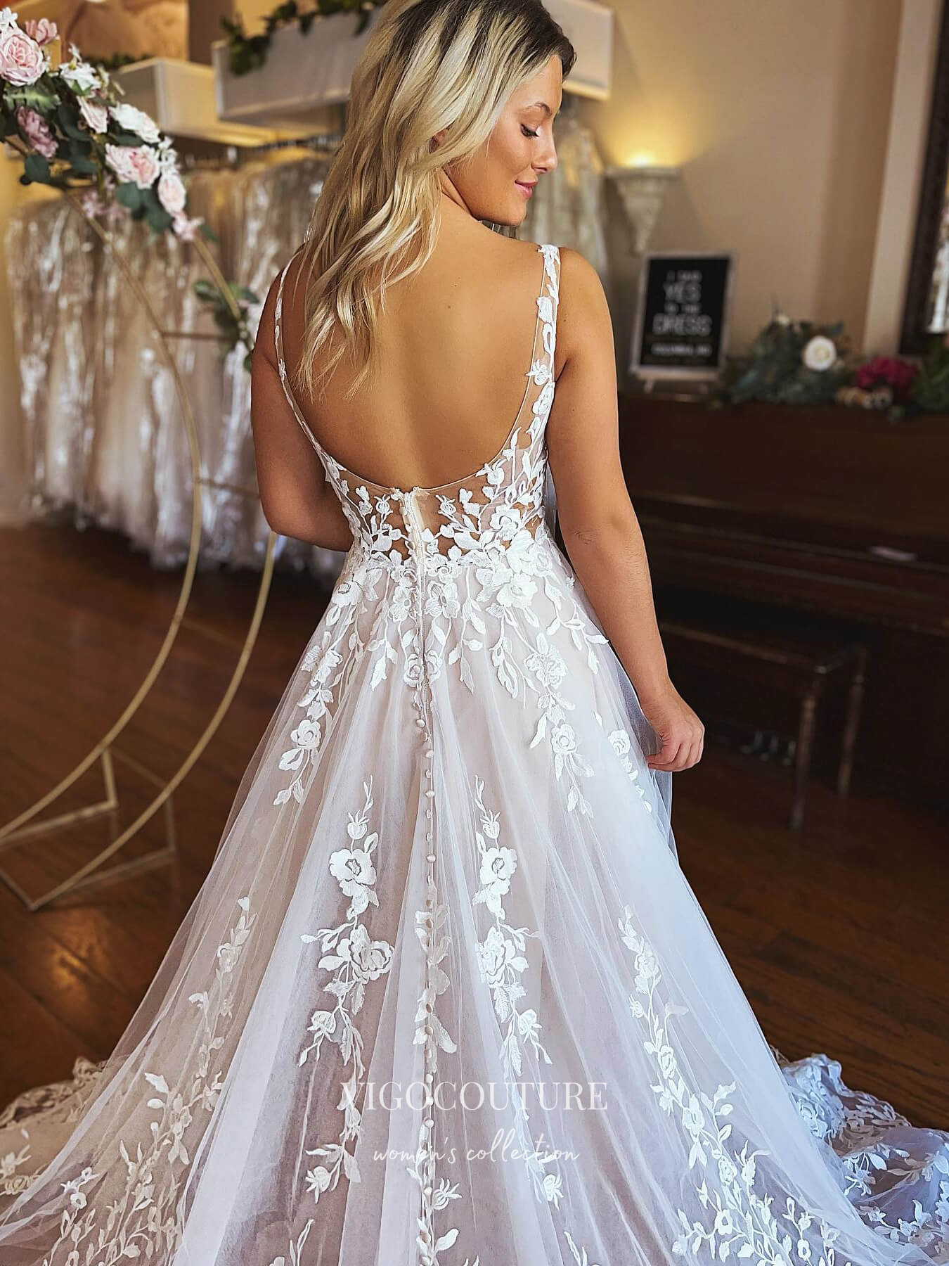 vigocouture-Lace Applique V-Neck Wedding Dresses Chapel Train Bridal Dresses W0069-Wedding Dresses-vigocouture-