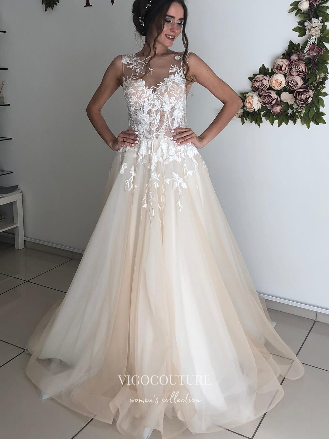 vigocouture-Lace Applique Wedding Dresses A-Line Bridal Dresses W0035-Wedding Dresses-vigocouture-