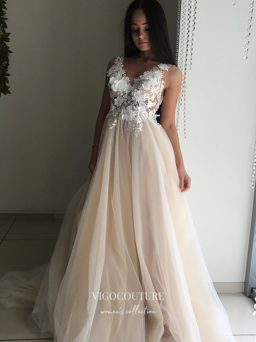 vigocouture-Lace Applique Wedding Dresses A-Line Bridal Dresses W0042-Wedding Dresses-vigocouture-