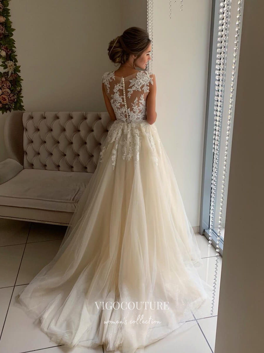 vigocouture-Lace Applique Wedding Dresses A-Line Bridal Dresses W0045-Wedding Dresses-vigocouture-