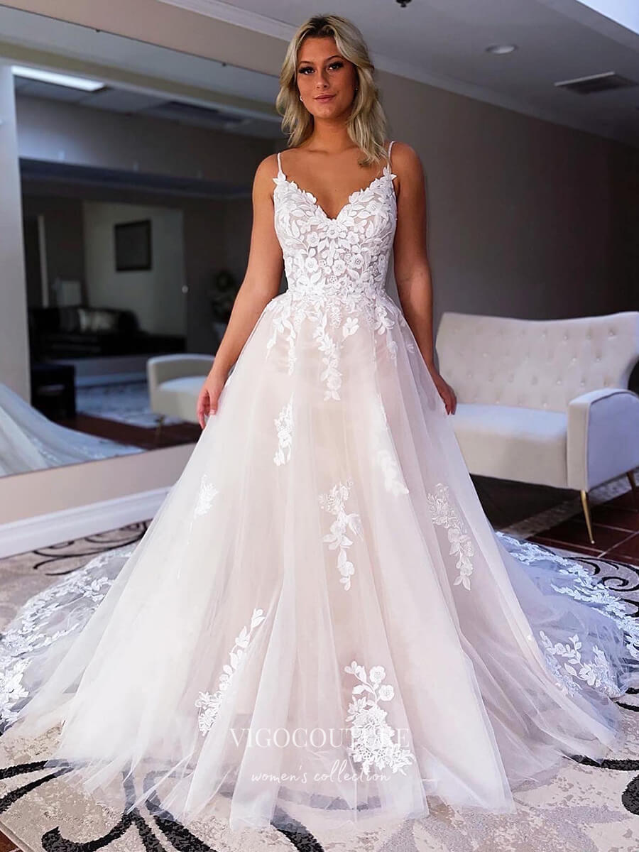 Lace Applique Wedding Dresses A-Line Tulle Country Bridal Dresses W0022 Custom Colors / US16 Lace Applique Wedding Dresses A-Line Tulle Country Bridal Dresses W0022 Custom Colors / US16