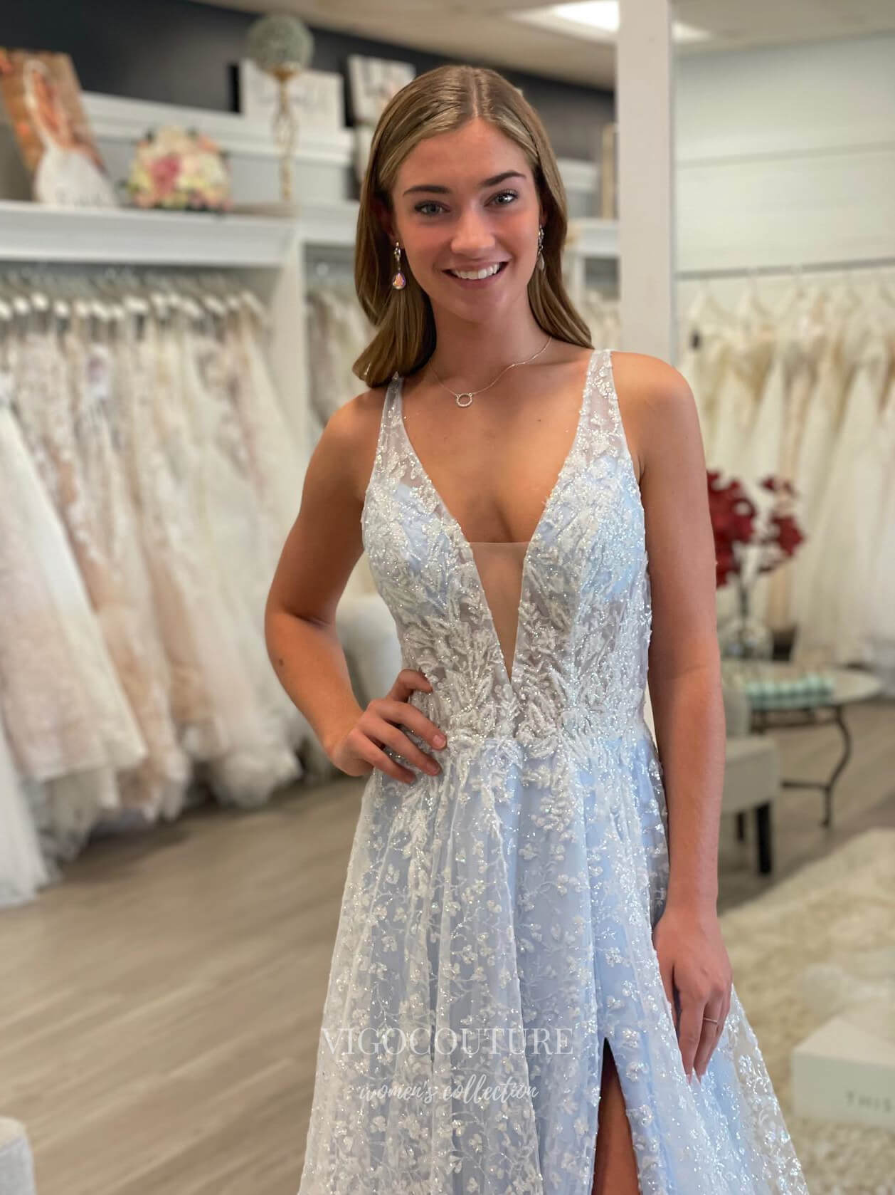 Light Blue Lace Applique Wedding Dresses With Slit Plunging V-Neck Bri Light Blue Lace Applique Wedding Dresses With Slit Plunging V-Neck Bri