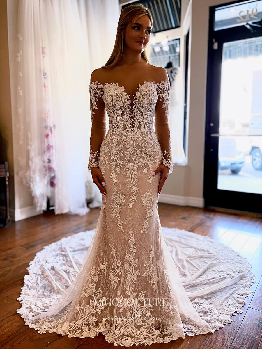 vigocouture-Long Sleeve Lace Applique Wedding Dresses Chapel Train Bridal Dresses W0055-Wedding Dresses-vigocouture-