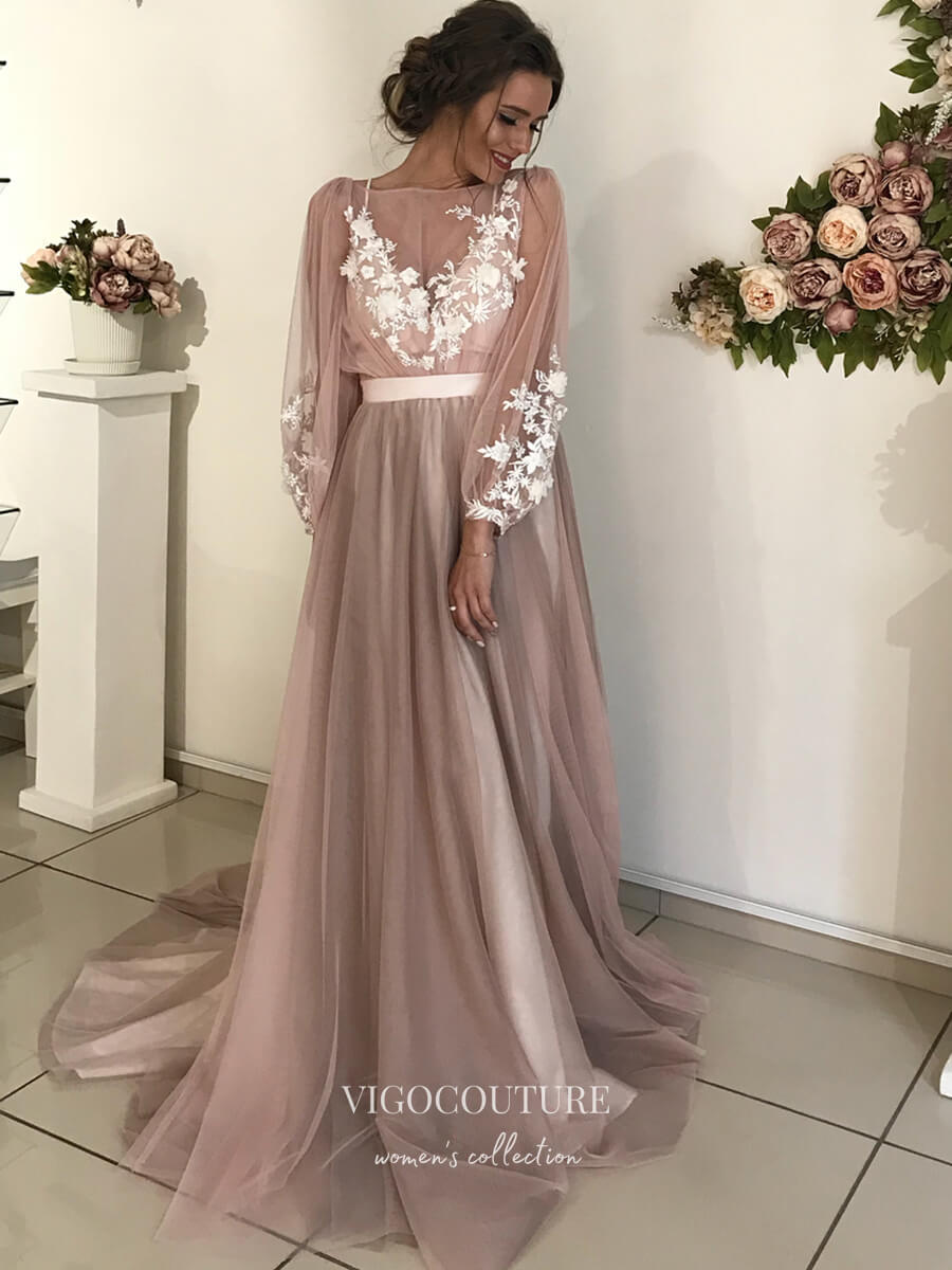 vigocouture-Long Sleeve Tulle Wedding Dresses Lace Applique Bridal Dresses W0039-Wedding Dresses-vigocouture-