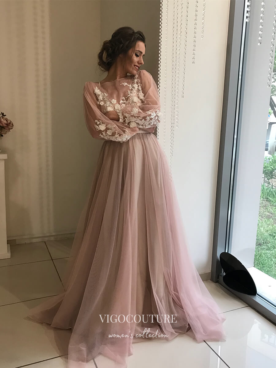 vigocouture-Long Sleeve Tulle Wedding Dresses Lace Applique Bridal Dresses W0039-Wedding Dresses-vigocouture-As Pictured-US2-