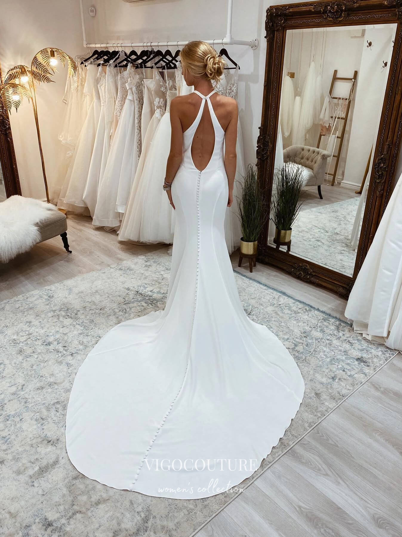 vigocouture-Mermaid Satin Wedding Dresses Halter Neck Bridal Dresses W0076-Wedding Dresses-vigocouture-