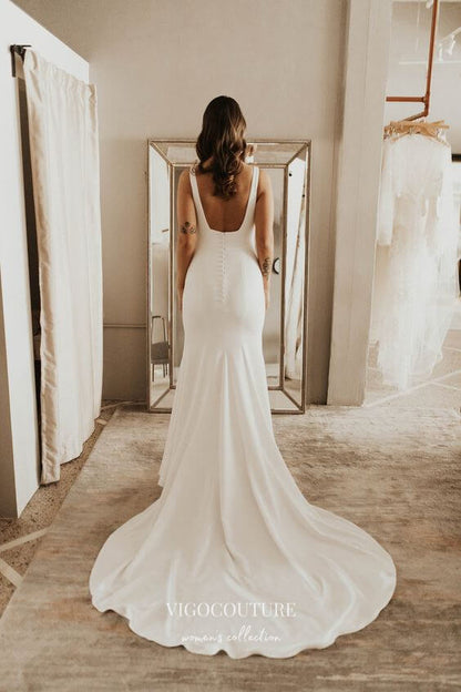 Simple Sheath Square Neck Long Backless Wedding Dress WD599 US6 / Custom Color Simple Sheath Square Neck Long Backless Wedding Dress WD599 US6 / Custom Color