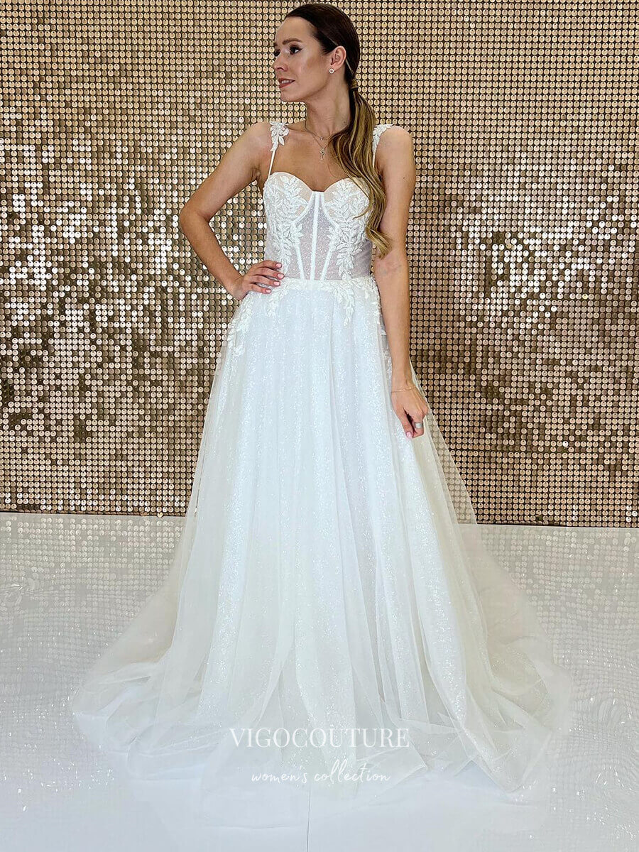 vigocouture-Sparkly Lace Wedding Dresses Spaghetti Strap Bridal Dresses W0050-Wedding Dresses-vigocouture-