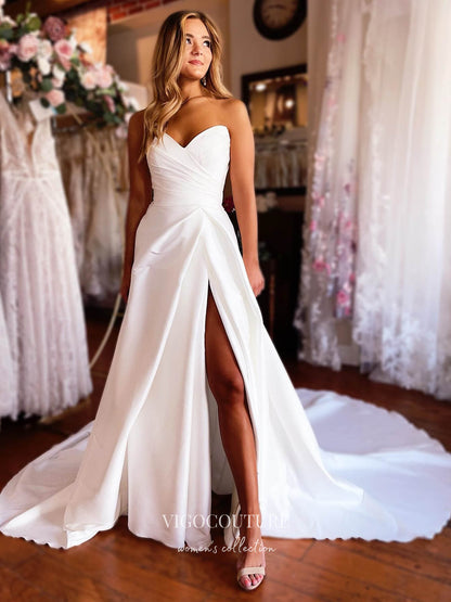 White Strapless Satin Wedding Dresses with Slit, Sweetheart Neckline & Pleated Boidce