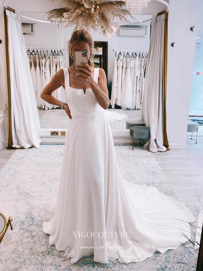 Simple White Square Neck Boho Long Chiffon Wedding Dress, Diamond White / 16 Simple White Square Neck Boho Long Chiffon Wedding Dress, Diamond White / 16
