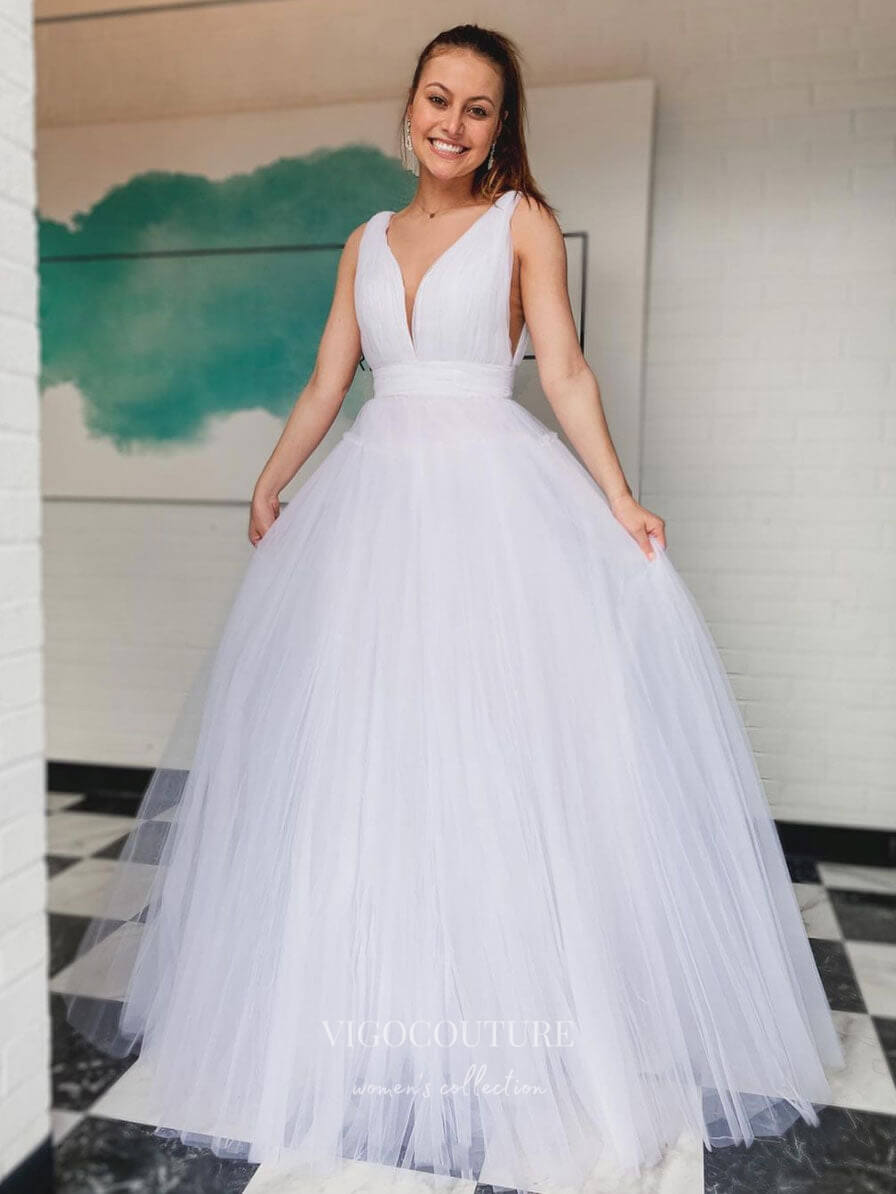 vigocouture-White Plunging V-Neck Prom Dresses A-Line Tulle Evening Dress 21733-Prom Dresses-vigocouture-