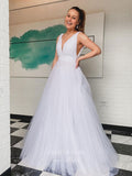 vigocouture-White Plunging V-Neck Prom Dresses A-Line Tulle Evening Dress 21733-Prom Dresses-vigocouture-White-US2-