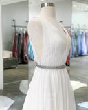 vigocouture-White Plunging V-Neck Prom Dresses Chiffon A-Line Evening Dress 21698-Prom Dresses-vigocouture-