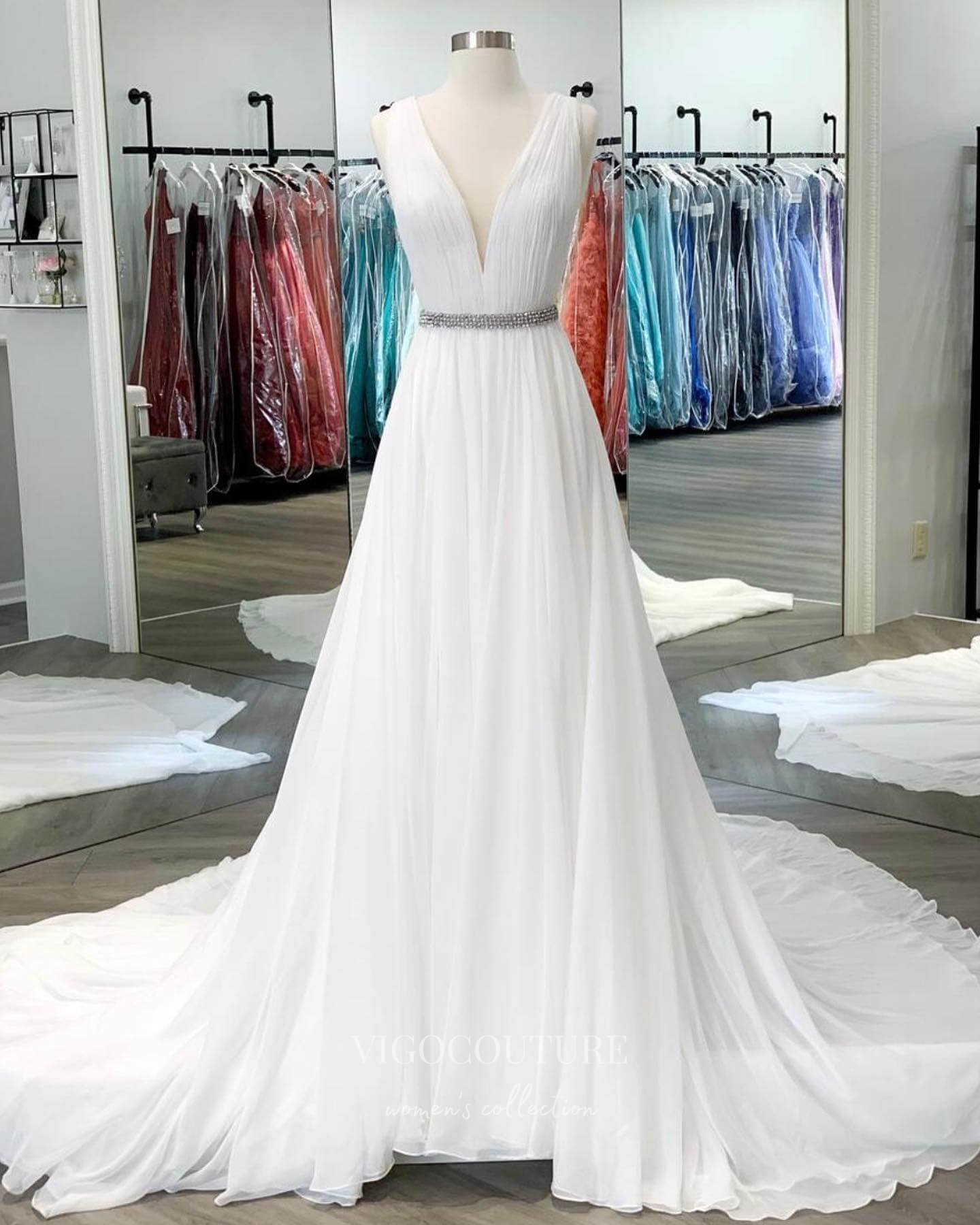 vigocouture-White Plunging V-Neck Prom Dresses Chiffon A-Line Evening Dress 21698-Prom Dresses-vigocouture-White-US2-