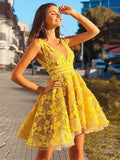 vigocouture-Yellow 3D Flower Lace Short Prom Dress Homecoming Dress 21001-Prom Dresses-vigocouture-