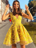vigocouture-Yellow 3D Flower Lace Short Prom Dress Homecoming Dress 21001-Prom Dresses-vigocouture-Yellow-US2-