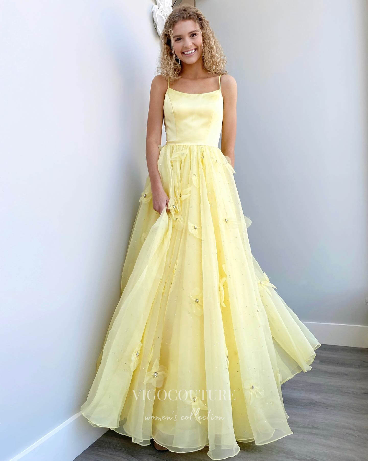 vigocouture-Yellow 3D Flower Prom Dresses Spaghetti Strap Evening Dress 21678b-Prom Dresses-vigocouture-Yellow-US0-