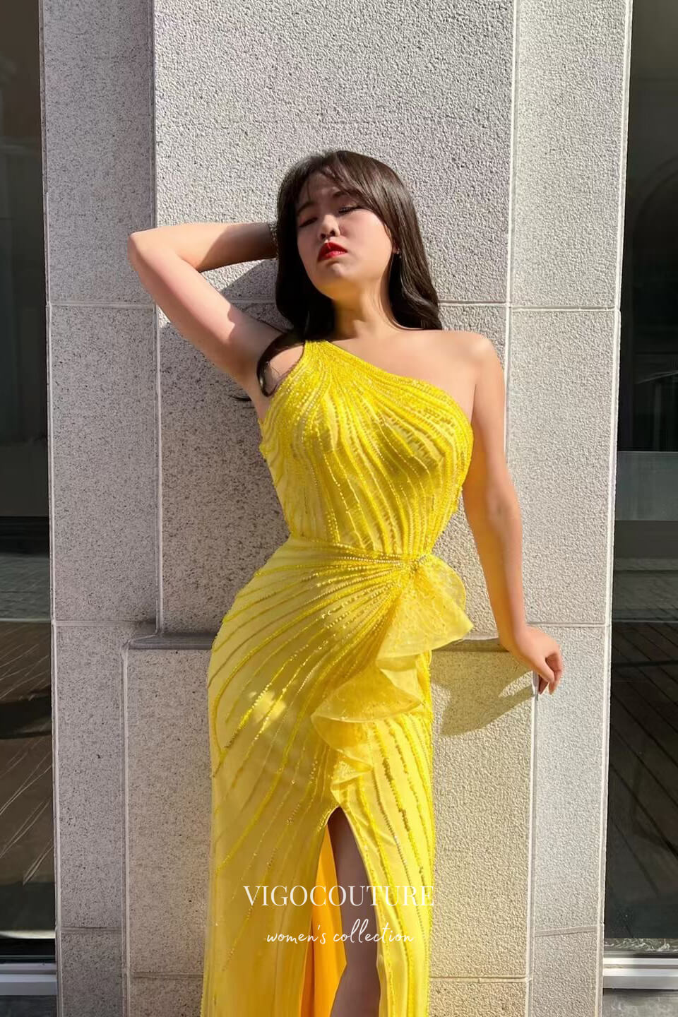 Yellow Beaded Mermaid Prom Dress with One Shoulder and High Slit 22238-Prom Dresses-vigocouture-Yellow-US2-vigocouture