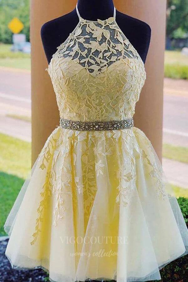 vigocouture-Yellow Halter Neck Homecoming Dress Lace Applique Hoco Dress hc034-Prom Dresses-vigocouture-Yellow-US2-