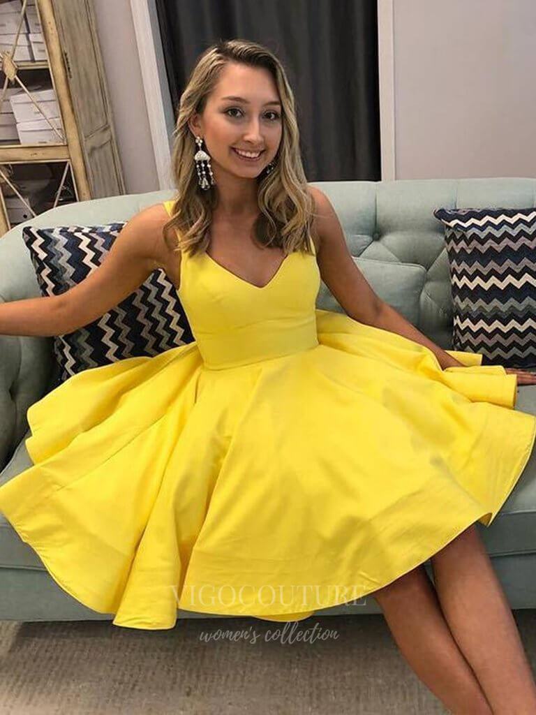 vigocouture-Yellow Homecoming Dress Spaghetti Strap Hoco Dress hc007-Prom Dresses-vigocouture-
