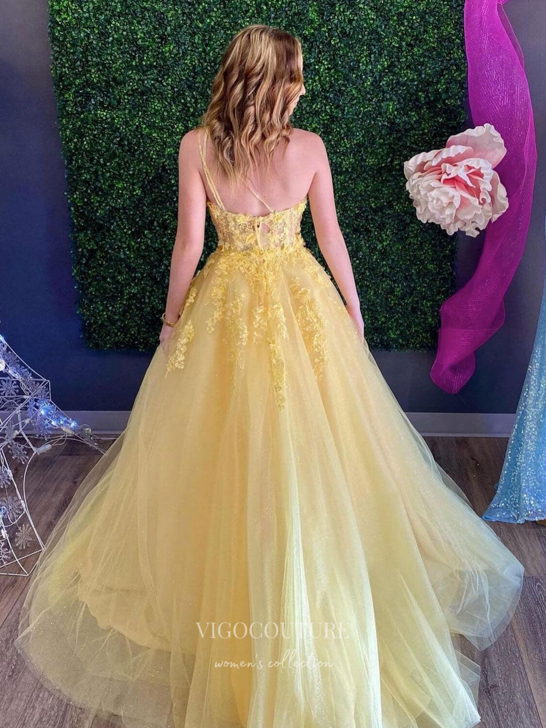 vigocouture-Yellow Lace Applique Prom Dresses One Shoulder Evening Dress 21764-Prom Dresses-vigocouture-