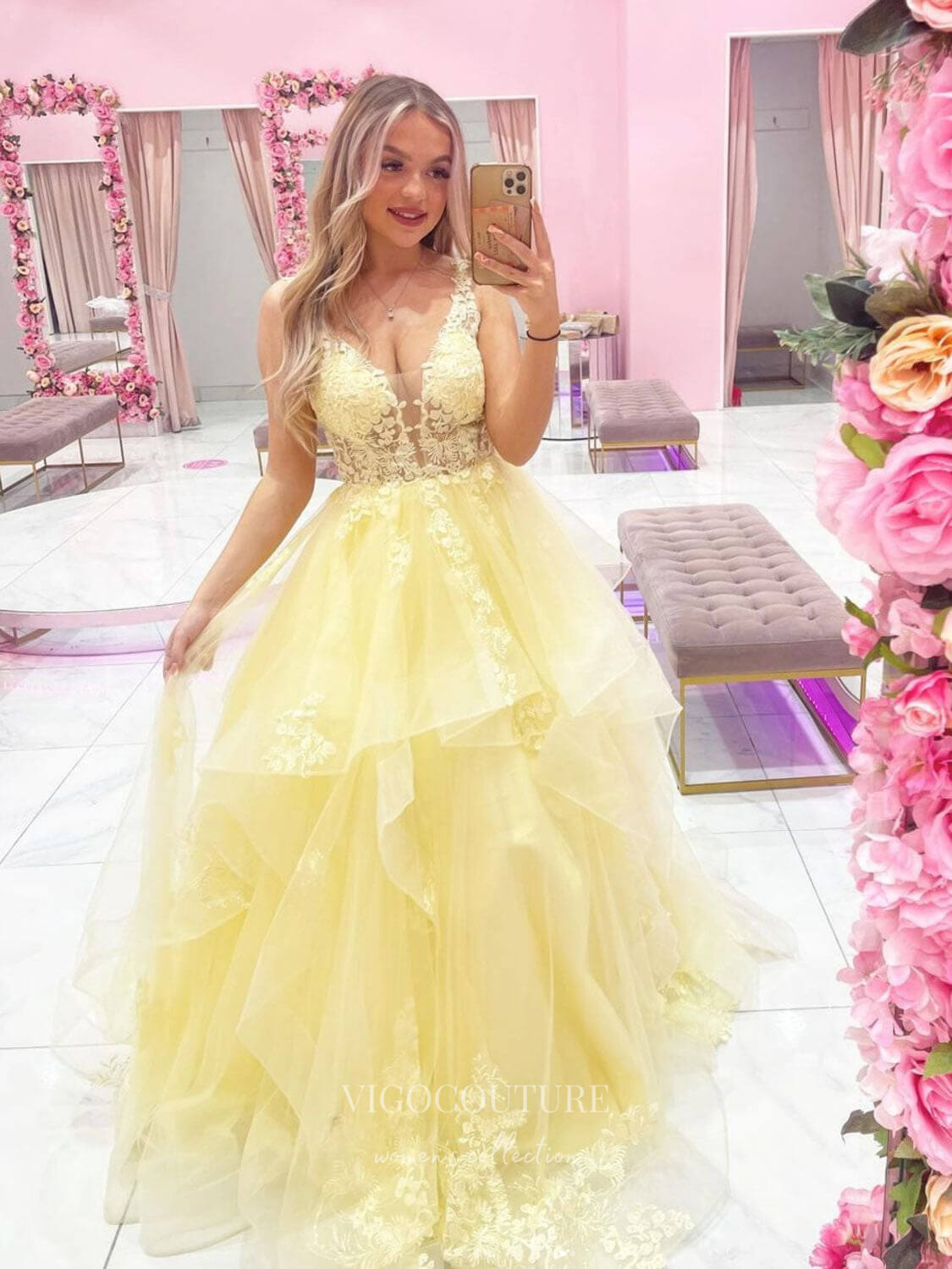 vigocouture-Yellow Lace Applique Prom Dresses Plunging V-Neck Ruffle Tiered Evening Dress 21770-Prom Dresses-vigocouture-Yellow-US2-