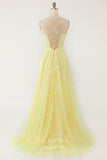 Yellow Lace Applique Prom Dresses Spaghetti Strap Evening Dress 22040-Prom Dresses-vigocouture-Yellow-Custom Size-vigocouture