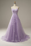 Yellow Lace Applique Prom Dresses Spaghetti Strap Evening Dress 22040-Prom Dresses-vigocouture-Lavender-Custom Size-vigocouture
